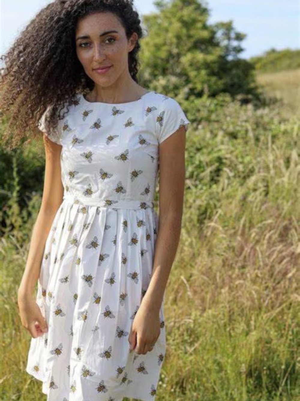 Women's White Bee-Print Midi Dress with Cap Sleeves